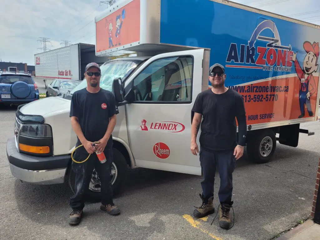 Two AirZone team members beside a company service truck