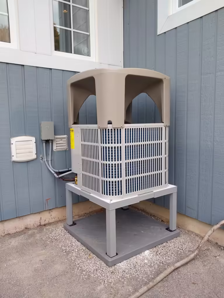 This Bosch heat pump outdoor unit has a protective cover installed. Just one of the differences with an AirZone HVAC Services installation!